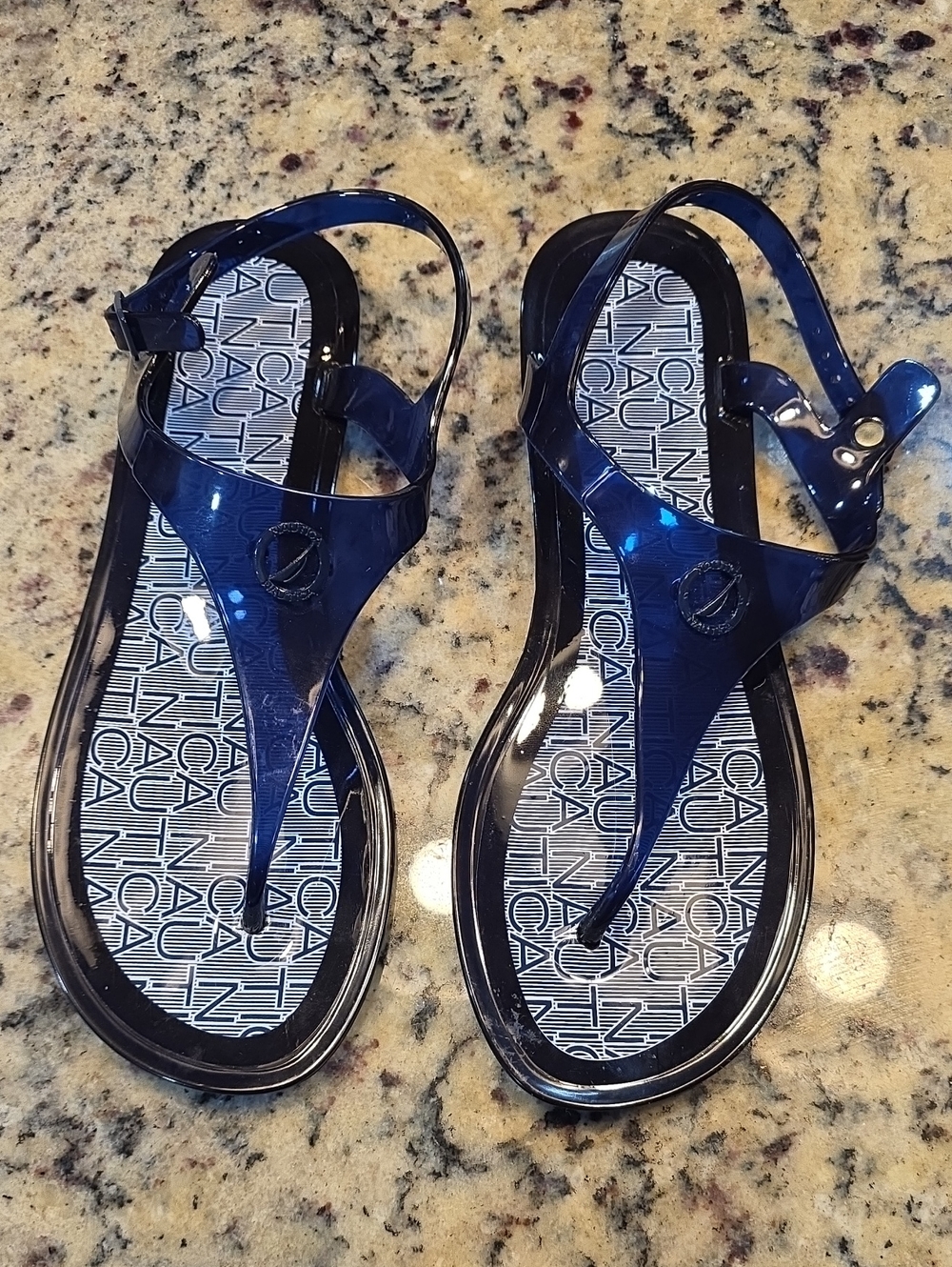 Nautica Women's Glossy Dark Blue Jelly Thong Sandals